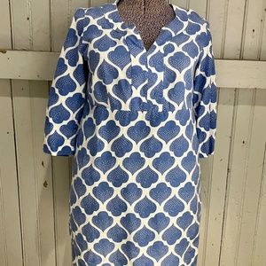 Boden Tunic Dress 100% Linen Moroccan Ikat Blue White Size US 12R